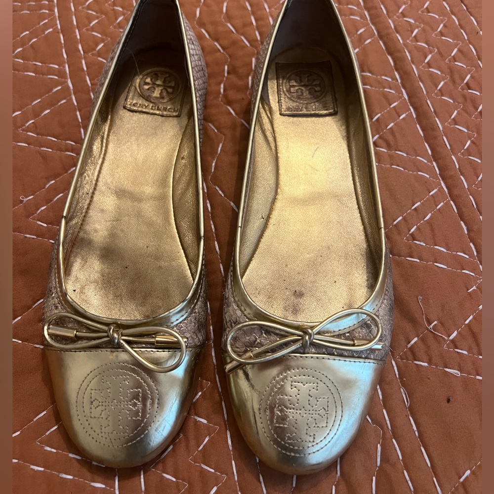 Tory Burch gold animal print flats